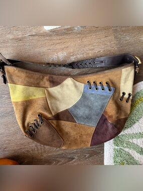 Vintage Coach Patchwork Suede Hobo Bag - Multi Brown Tan Yellow Gray Blue